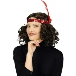 Badaboum Bandeau En Paillette Rouge Avec Plume Rouge