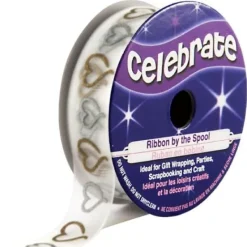 Badaboum Ruban En Bobine Organza Blanc Imprim Coeur Or Et Argent