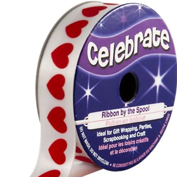 Badaboum Ruban En Bobine Satin Blanc Imprim Coeur Rouge